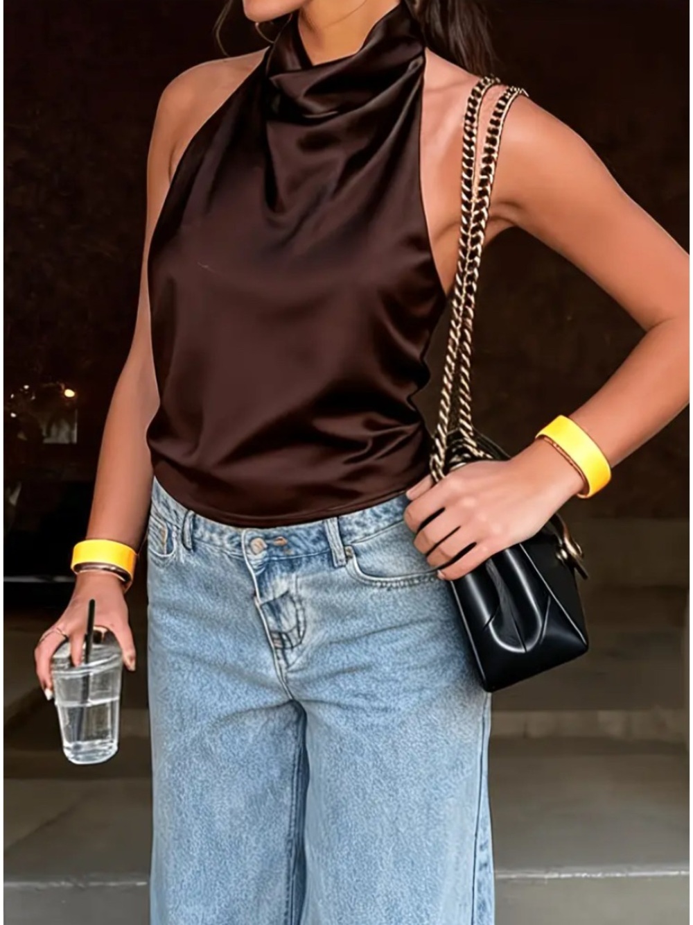 Satin Halter Neck Top in Rich Chocolate Brown